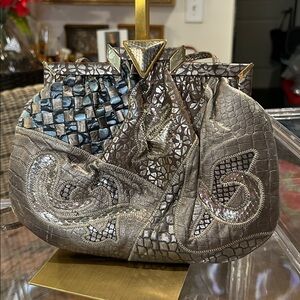 Sharif Gold/Blue/Silver Crossbody/Clutch Multi Textured 9”x 7” Clasp Lock EUC